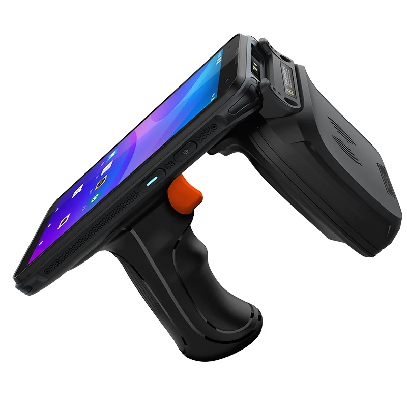 Side view of a tilted terminal screen, trigger handle and rear accessory housing