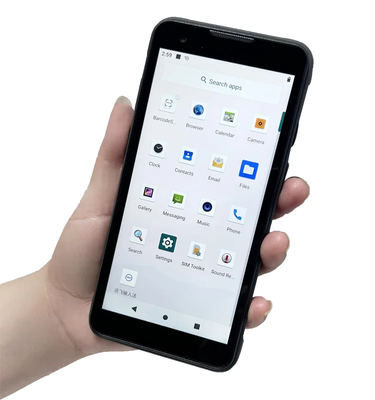 Handheld terminal held in one hand with a portrait app screen
