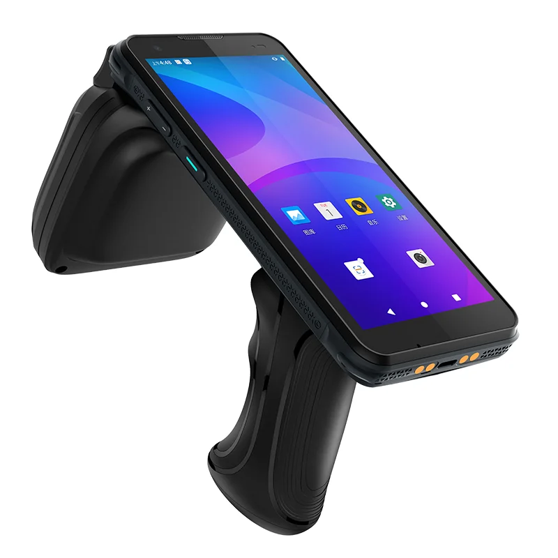 Angled view of a screen mounted above a pistol-grip terminal handle