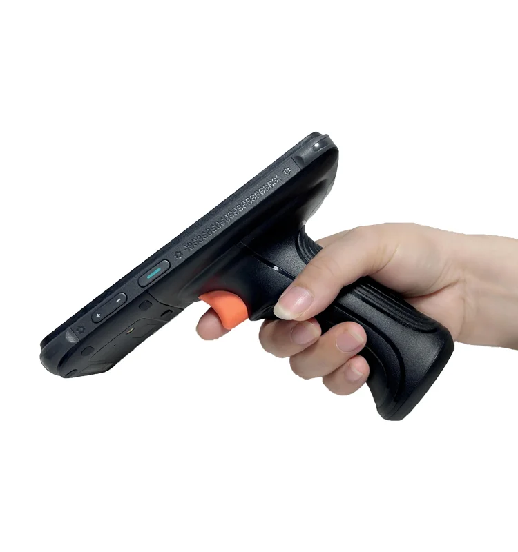 Operator holding a terminal by its pistol-style trigger handle
