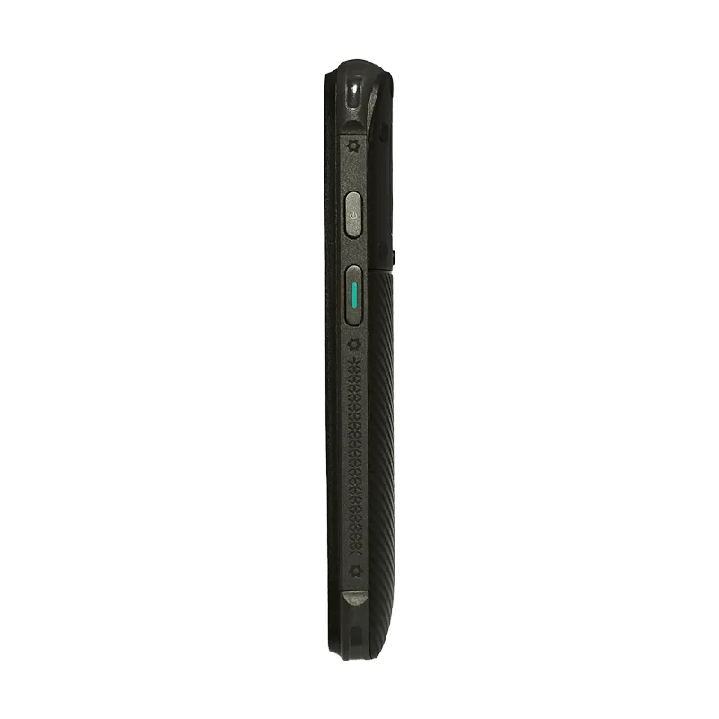 Narrow side profile of a handheld terminal showing several physical controls