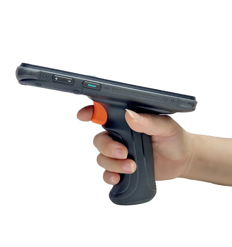 Operator holding a terminal sideways using its trigger handle