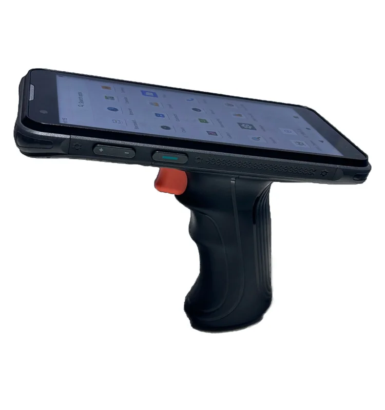 Side view of a screen positioned above a handle with an orange trigger