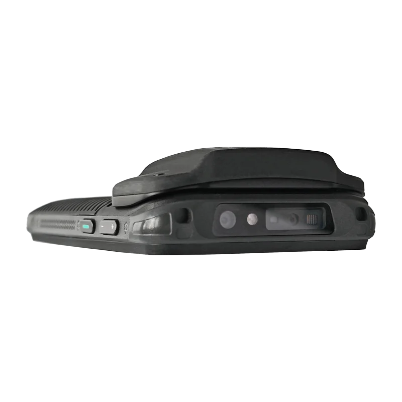 Close view of the upper end of a handheld terminal and its raised rear attachment