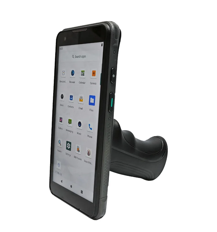 Oblique view of the terminal bezel and screen with a handle behind it