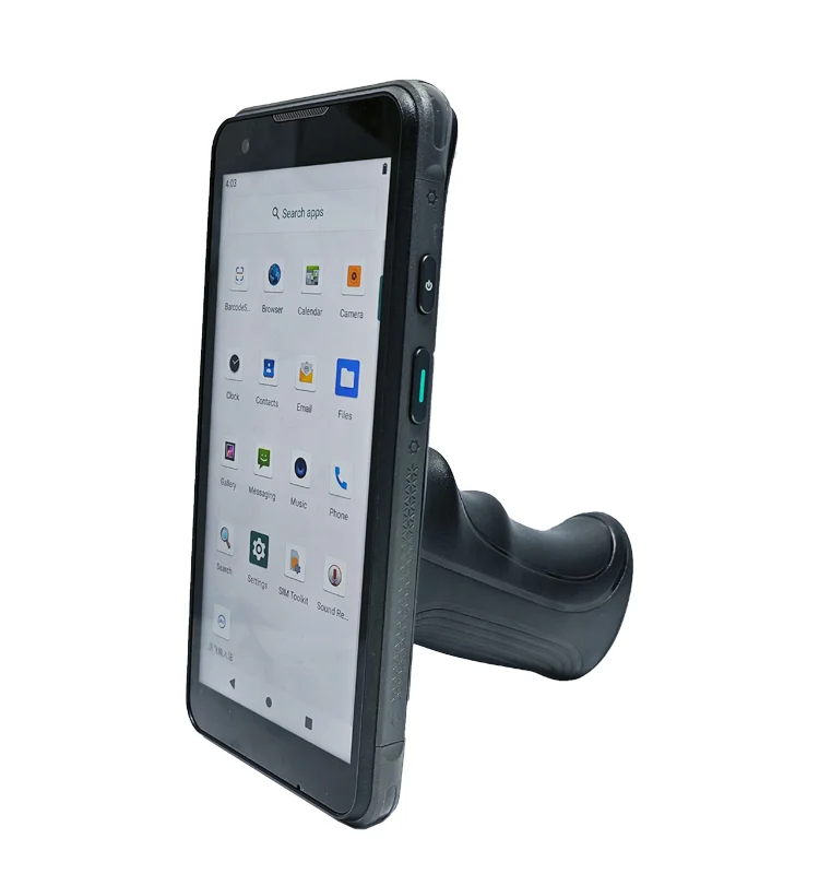 Upright portrait terminal attached to a handle with the application menu visible