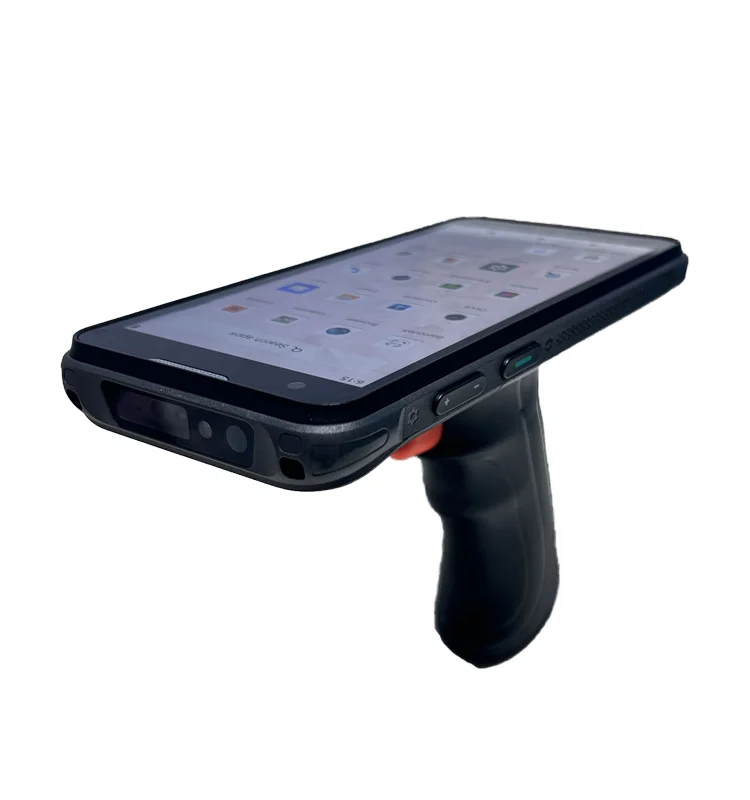 Low angled view of the terminal screen, lower edge and trigger handle