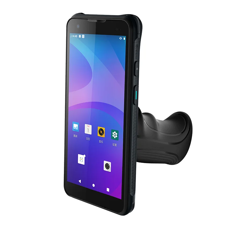 Portrait terminal standing upright with its trigger grip behind the screen