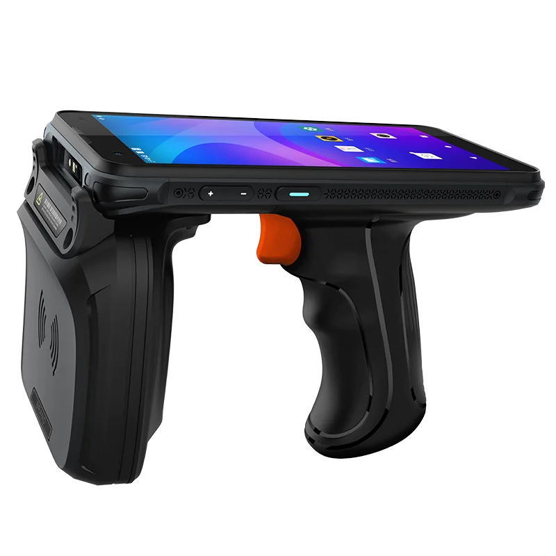 Side-rear view of a trigger-grip terminal showing its screen edge and attached housing
