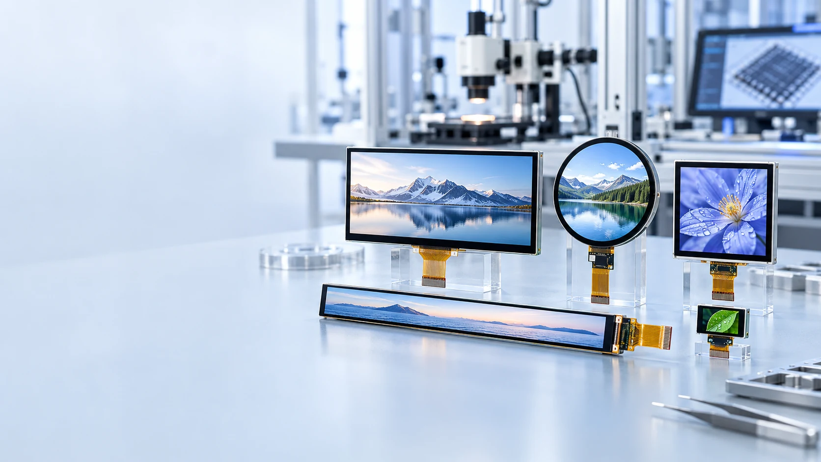 TFT LCD, round, square, bar-type and OLED display modules arranged on an engineering workbench