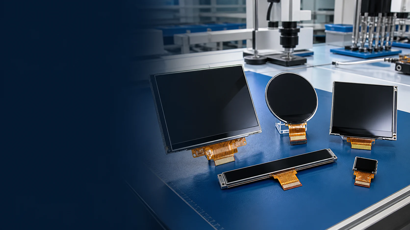 TFT LCD, round, square, bar-type and OLED display modules arranged on an engineering workbench