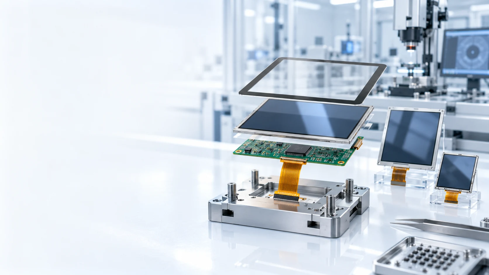 Industrial HMI assembly showing a TFT LCD module, touch cover lens, FPC connector and controller board