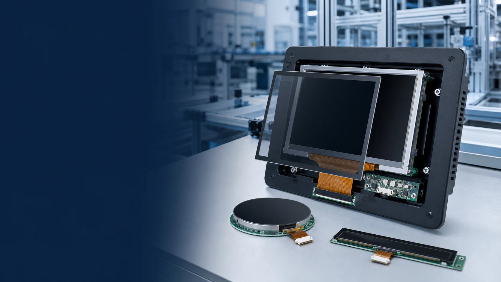 Industrial HMI assembly showing a TFT LCD module, touch cover lens, FPC connector and controller board