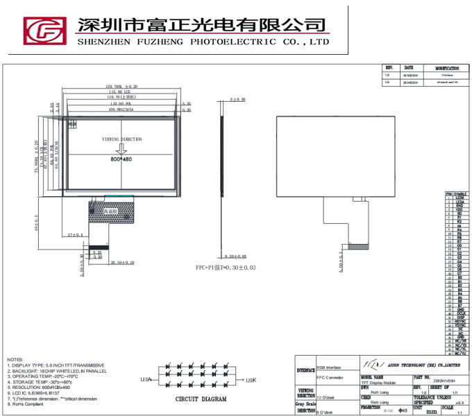Z050WV05 mechanical outline drawing