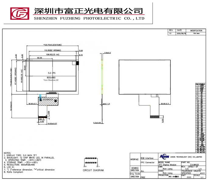 Z050WV20 mechanical outline drawing