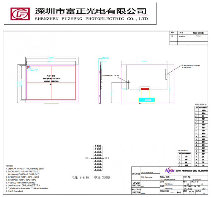 Z070WV29 mechanical outline drawing