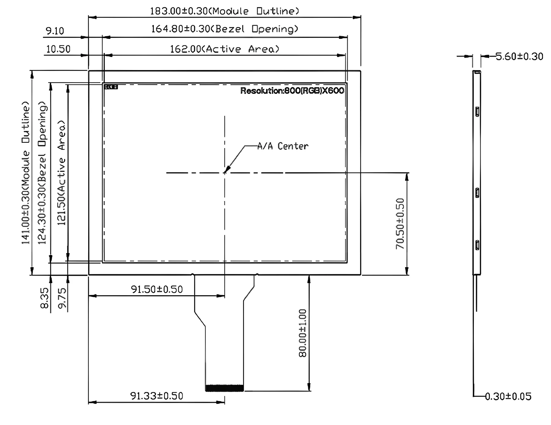 FZ800X600C50 mechanical drawing and interface dimensions