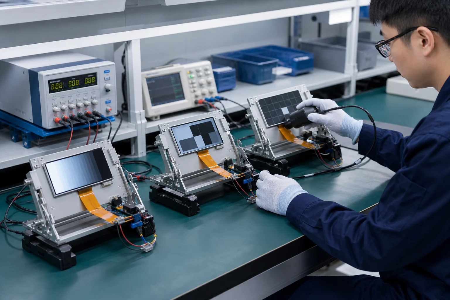 Illustrative optical and electrical review of TFT-LCD modules on laboratory fixtures