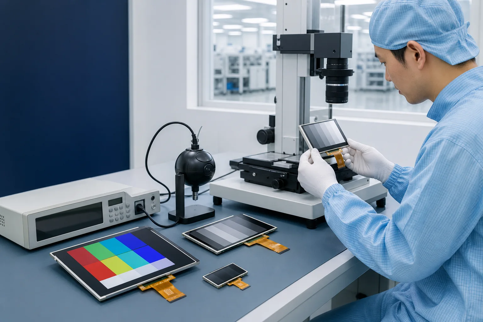 Illustrative TFT-LCD optical and dimensional inspection scene