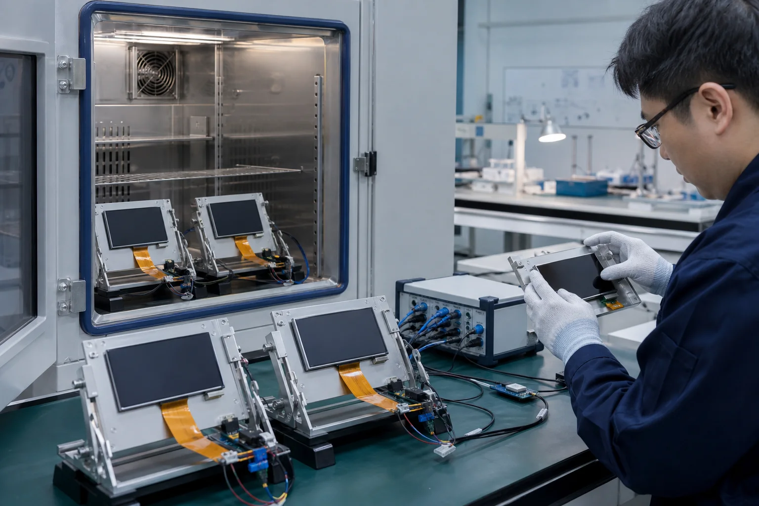 Illustrative environmental reliability review with TFT-LCD modules and a test chamber